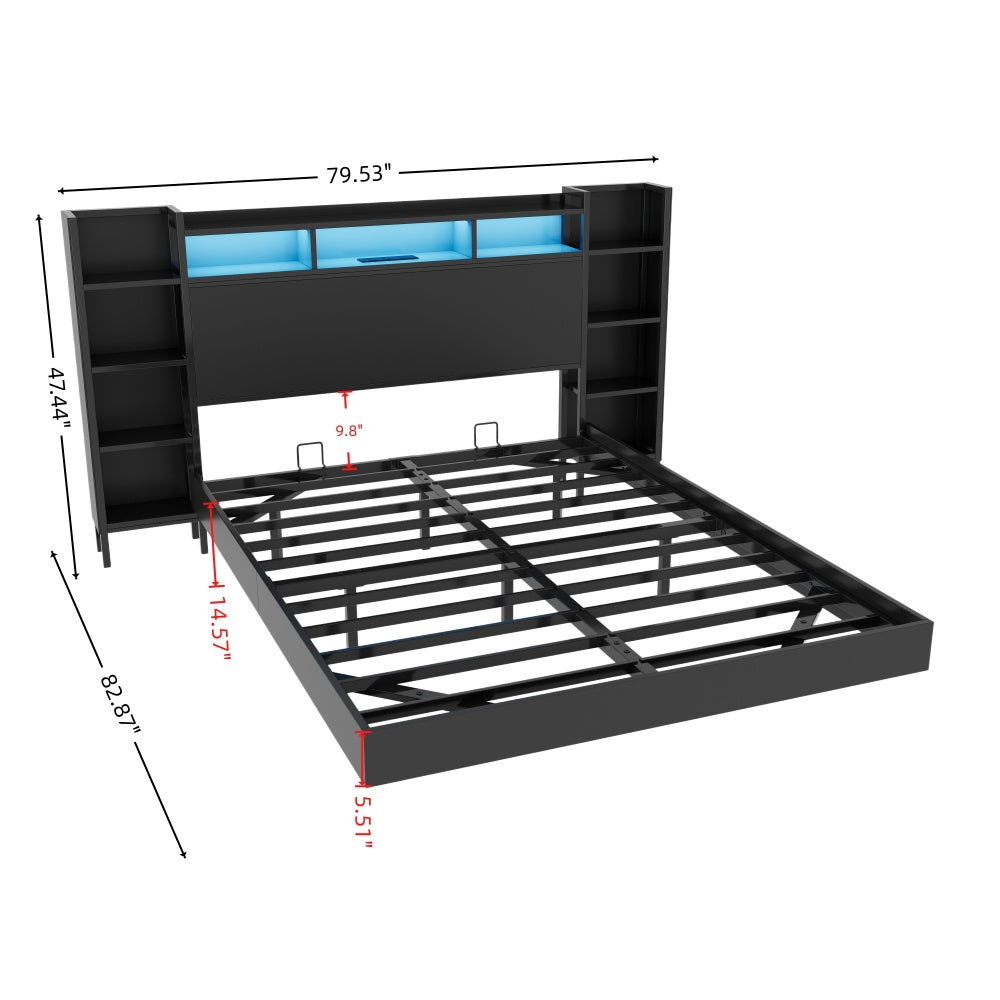 Full/Twin Size Floating Platform Bed | Bookcase Storage Headboard with LED Lights | 2 Outlets 1 USB 1 Type-C Charging | 4-Tier Side Shelves | 1000 lbs Heavy Duty Metal | No Box Spring | Black