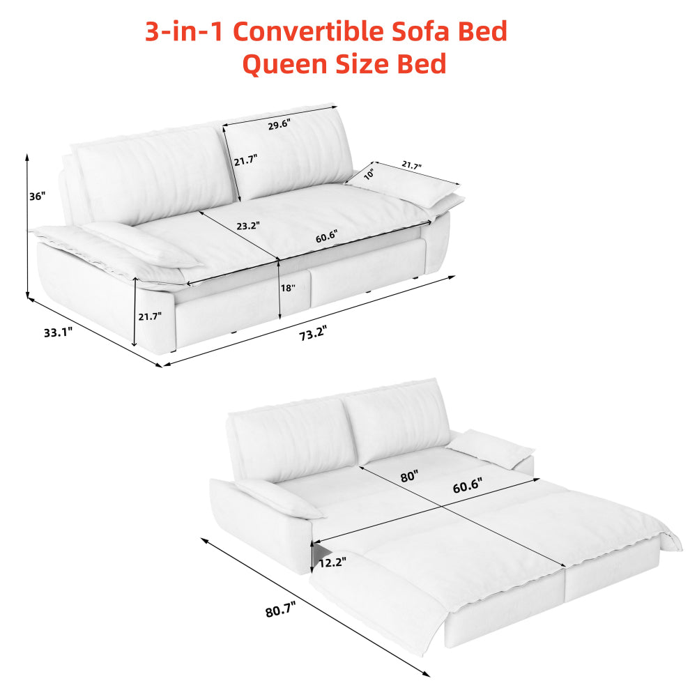73.2" Queen Pull-Out Sofa Bed | 3-in-1 Convertible Sleeper Sofa | Chaise Lounge & King Bed | Premium Velvet + High-Density Foam | Steel Reinforced Frame | Space-Saving Modern Design | Beige/Gray/Camel/Blue