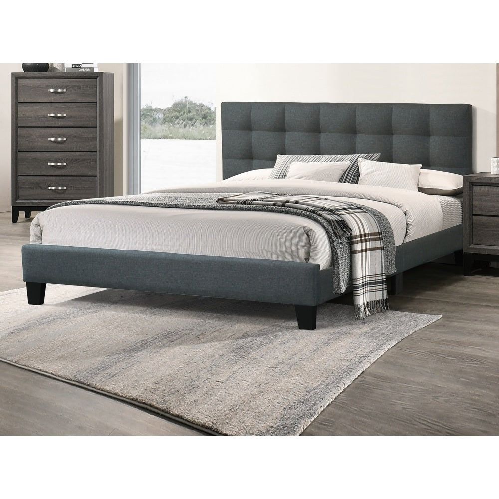 Queen Size Upholstered Platform Bed | Square Tufted Linen-Like Polyfiber Headboard | Particle Board & Rubberwood Frame | Footboard Included | No Box Spring Needed | Charcoal / Gray