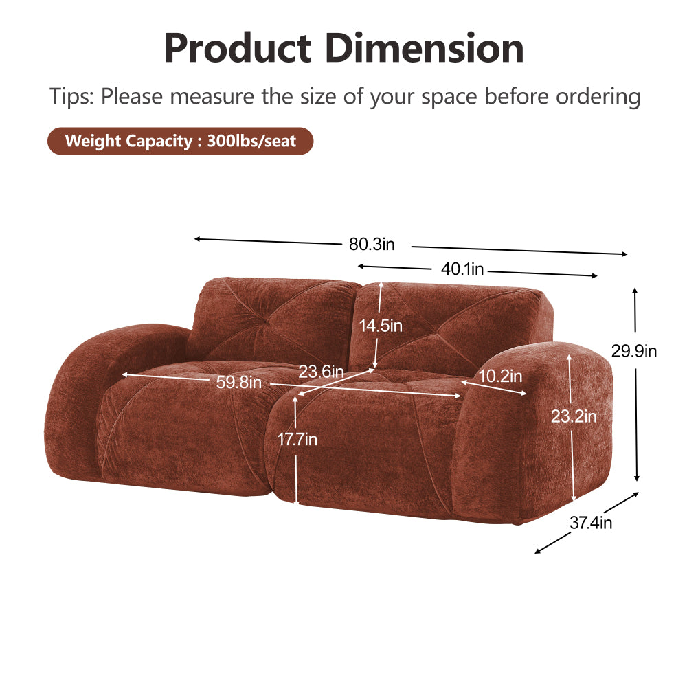 2-Piece Modular Cloud Sofa Set | 2+2 Deep-Seat Velvet Couch | 32D High-Density Boneless Foam | Retro Tufted Rounded Design | Flexible Layout | No Assembly Required | Living Room, Apartment | Camel/Red/Green/Blue