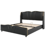 Queen Size PU Leather Wingback Platform Bed | Wave-Shaped Headboard & Footboard | 46.5" Tall Headboard | High-Resilience Sponge Fill | 800 lbs Wood Slats | No Box Spring Needed | Dark Green / Black / Antique Blue