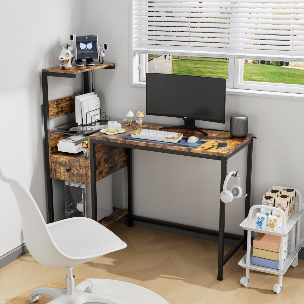 Computer Desk with Power Outlet & USB Charging Station — 48" Gaming Desk with RGB LED Lights | 4-Tier Reversible Storage Shelves & Drawer | Headphone Hooks | Sturdy Metal Frame | Home Office, Study, PC Workstation | Black/Brown
