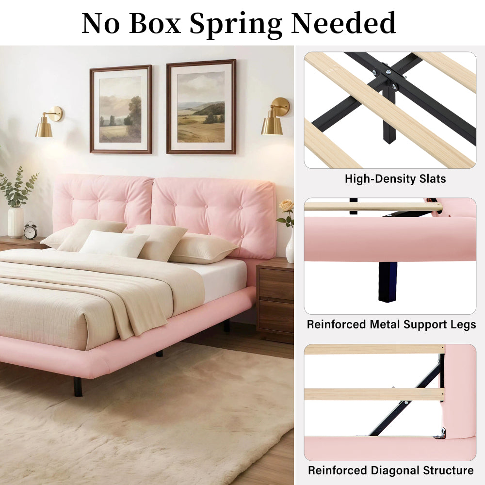 Queen Size PU Leather Floating Platform Bed | Button Tufted Segmented Headboard | Remote-Controlled LED Light Strip 6 Colors | 800 lbs | Hidden Leg Design | No Box Spring Needed | Pink / White / Khaki