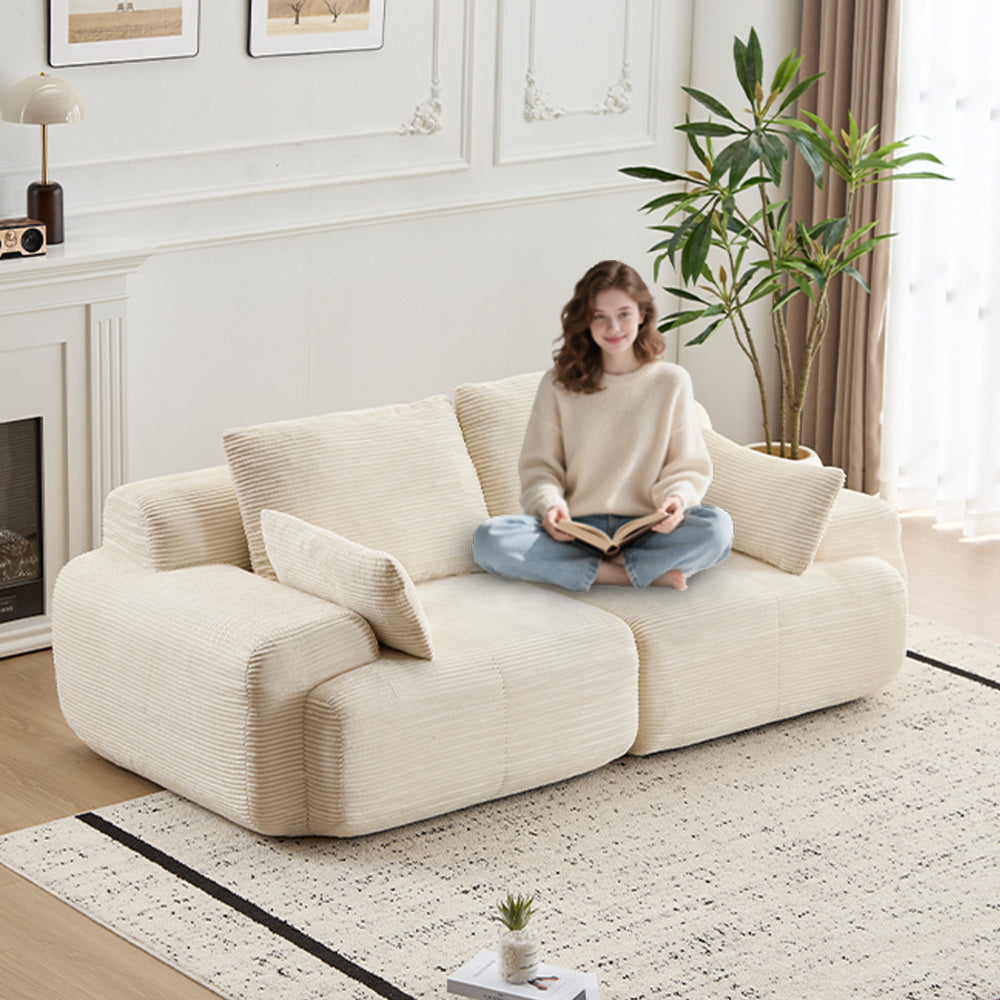 Modern Memory Foam Cloud Sofa | Extra Deep Corduroy Sectional Couch | Customizable Modular Combination | High-Resilience Foam + Bolster Pillows | No Assembly Required | Living Room, Apartment, Bedroom | White/Black — 2 Seat & 3 Seat