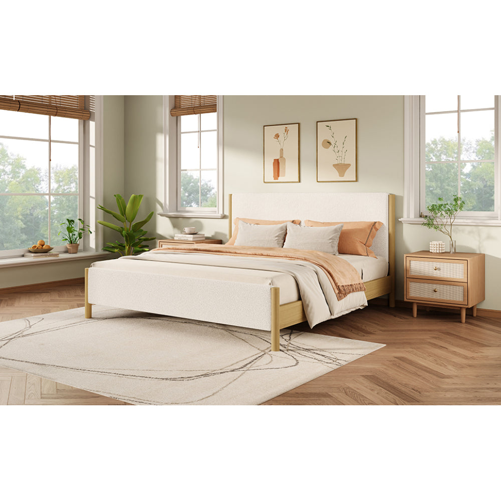 Queen/King Size White Boucle Upholstered Platform Bed | Natural Rubberwood Legs | Sustainable Engineered Wood Frame | No Box Spring Needed | Scandinavian Modern Style | White