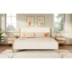 Queen/King Size White Boucle Upholstered Platform Bed | Natural Rubberwood Legs | Sustainable Engineered Wood Frame | No Box Spring Needed | Scandinavian Modern Style | White