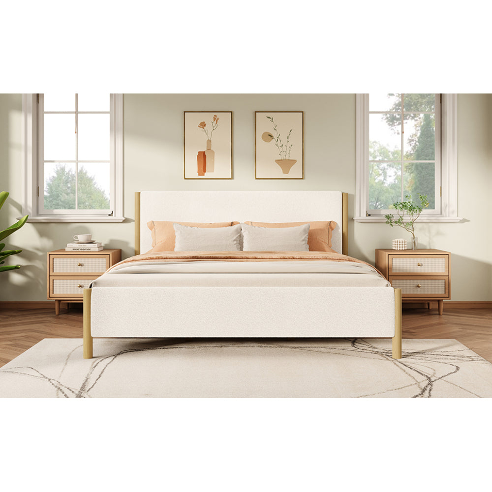 Queen/King Size White Boucle Upholstered Platform Bed | Natural Rubberwood Legs | Sustainable Engineered Wood Frame | No Box Spring Needed | Scandinavian Modern Style | White