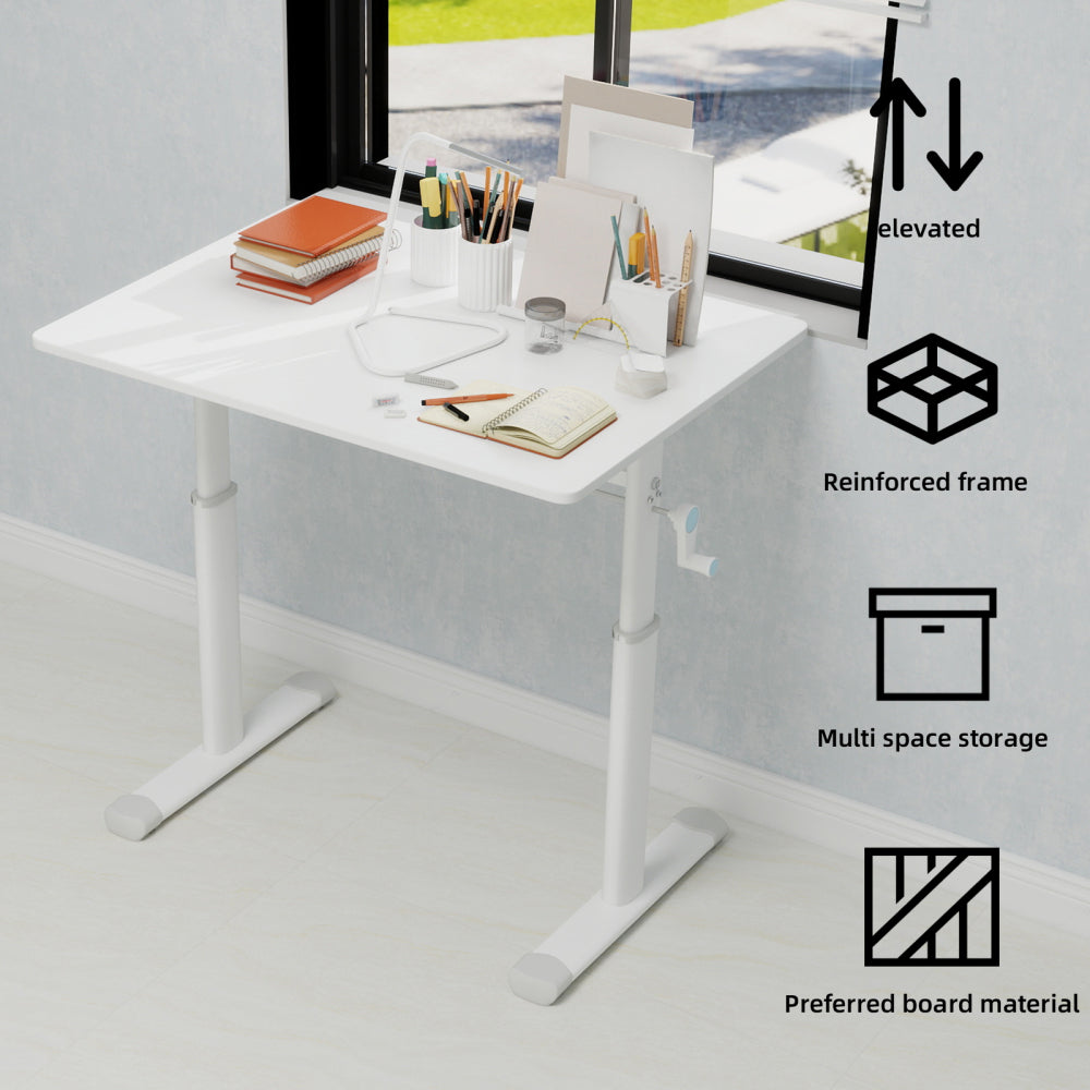 Height-Adjustable Standing Desk — 39" Manual Crank Sit-Stand Desk for Kids & Adults | Ergonomic Home Office Study Table | Sturdy Dual-Column Frame | No Electricity Needed | Compact Minimalist Design | White