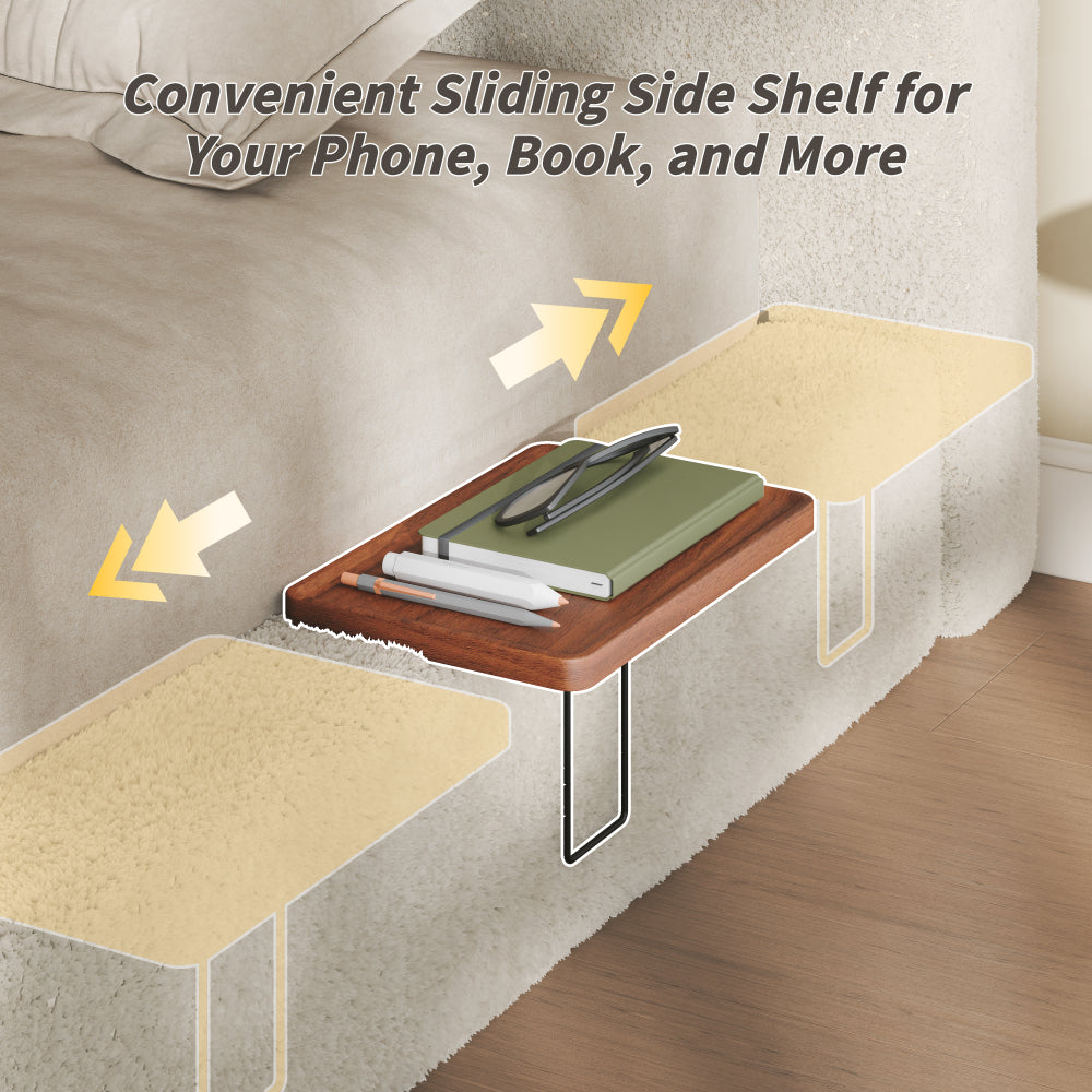 Queen/King Size Cloud Upholstered Platform Bed | Adjustable Sliding Side Shelves | Sherpa Chenille Fabric | CertiPUR-US & OEKO-TEX Certified Foam | Anti-Collision Low Profile | No Box Spring Needed | Off White