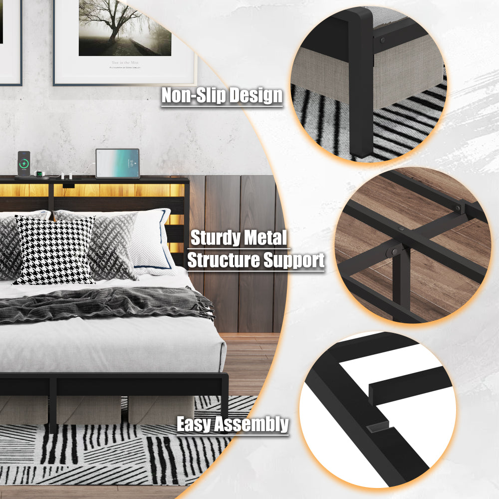 Full Size Metal Platform Bed | Wooden Headboard with USB Charging Station & LED Lights | Under-Bed Storage | 600 lbs Heavy Duty | No Box Spring Needed | Easy Assembly | Black