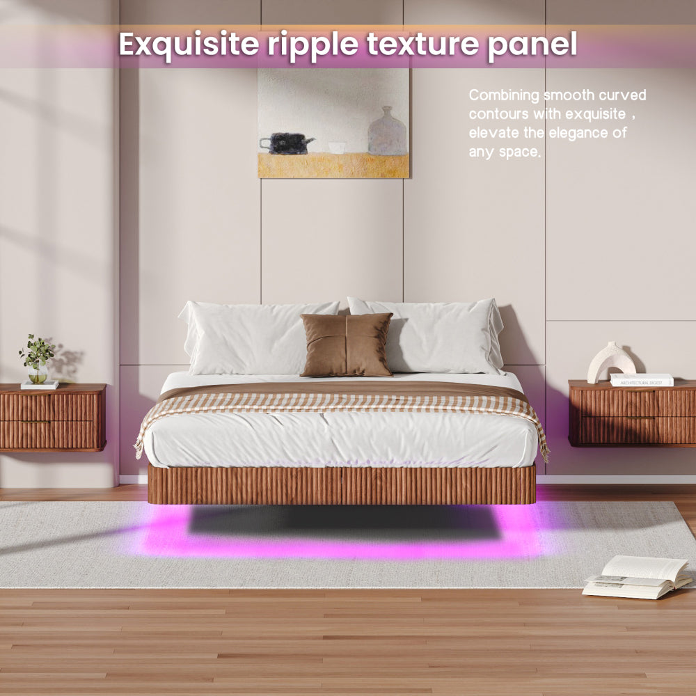 Oak King Floating Bed Frame with LED Lights, Wave Curve Wood Texture Bed with Heavy Duty Metal Slats - No Box Spring Needed.