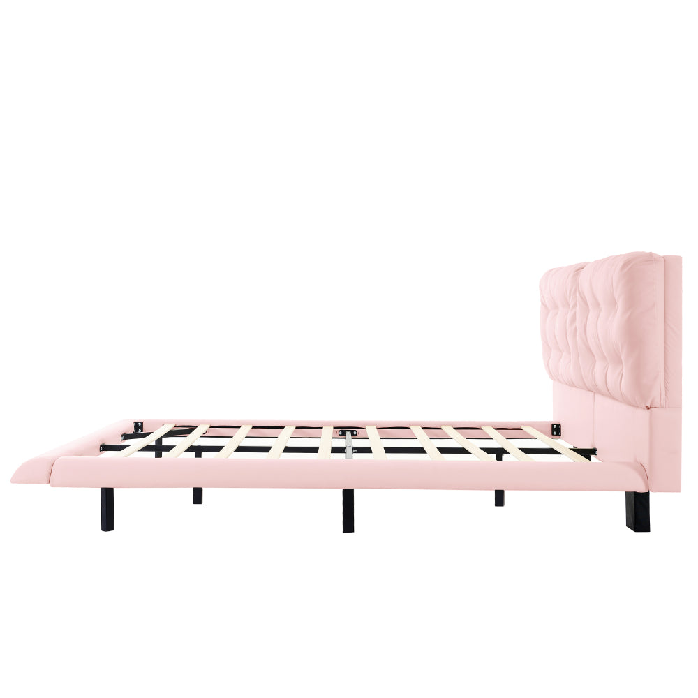 Queen Size PU Leather Floating Platform Bed | Button Tufted Segmented Headboard | Remote-Controlled LED Light Strip 6 Colors | 800 lbs | Hidden Leg Design | No Box Spring Needed | Pink / White / Khaki