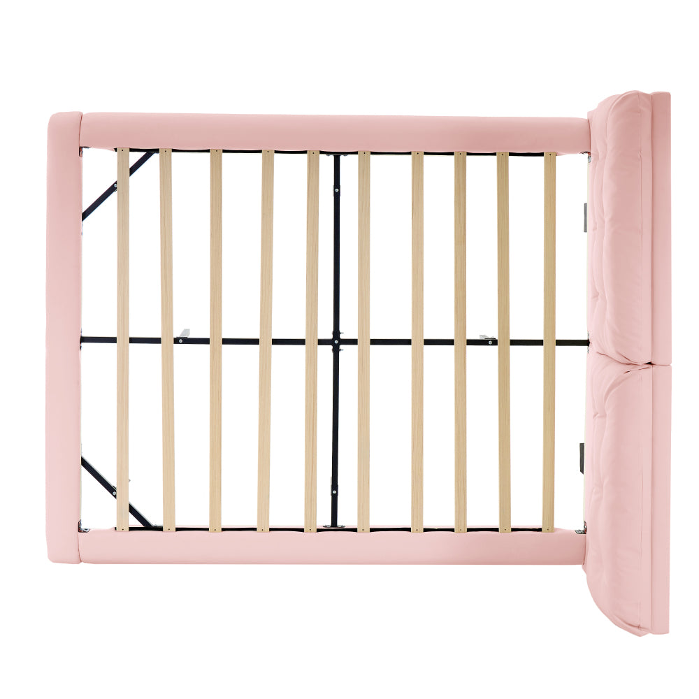 Queen Size PU Leather Floating Platform Bed | Button Tufted Segmented Headboard | Remote-Controlled LED Light Strip 6 Colors | 800 lbs | Hidden Leg Design | No Box Spring Needed | Pink / White / Khaki