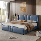Queen Size PU Leather Wingback Platform Bed | Wave-Shaped Headboard & Footboard | 46.5" Tall Headboard | High-Resilience Sponge Fill | 800 lbs Wood Slats | No Box Spring Needed | Dark Green / Black / Antique Blue