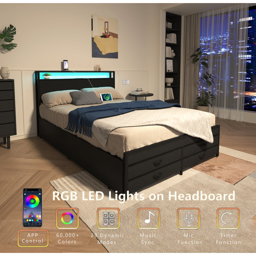 Twin/Full/Queen Size Metal Platform Bed with 4 Storage Drawers | Headboard Charging Station 2 Outlets & 2 USB | 16 RGB LED Lights 60000+ Colors | Heavy Duty Steel Slats | No Box Spring Needed | Black