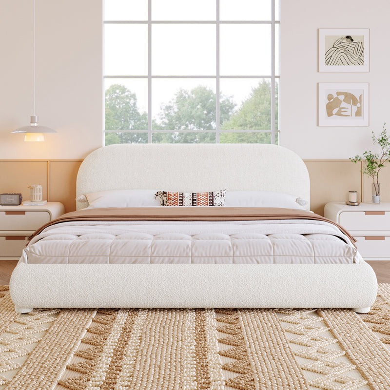 Queen/King Size Boucle Upholstered Platform Bed | Curved Ergonomic Headboard | Granular Fabric Texture | 800 lbs Heavy Duty | No Box Spring Needed | 40-Min Assembly | Cream / Green