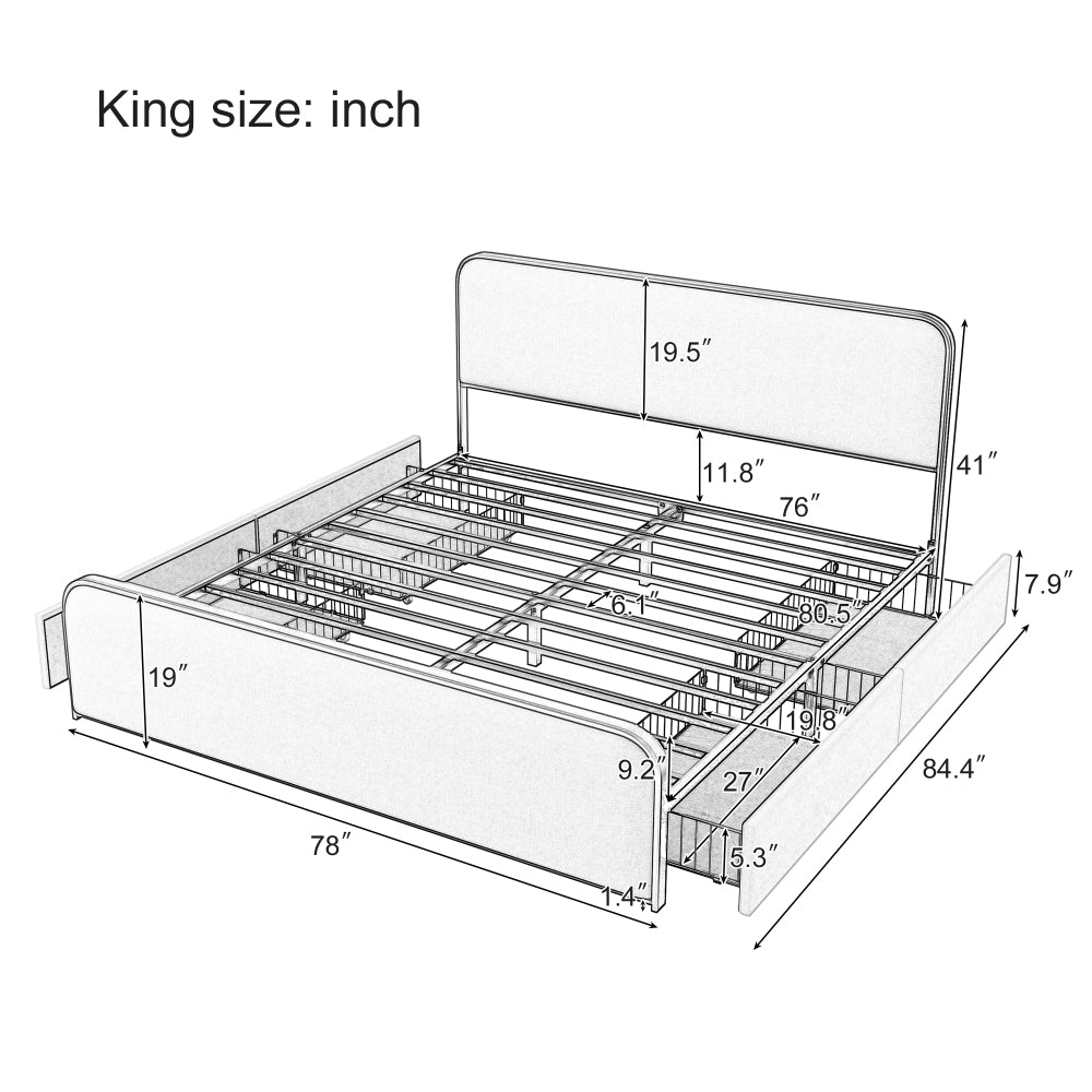Upholstered Platform Bed with 4 Storage Drawers