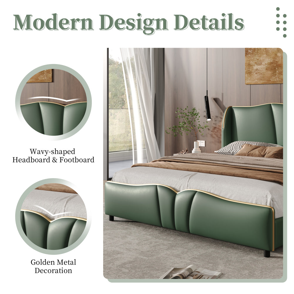 Queen Size PU Leather Wingback Platform Bed | Wave-Shaped Headboard & Footboard | 46.5" Tall Headboard | High-Resilience Sponge Fill | 800 lbs Wood Slats | No Box Spring Needed | Dark Green / Black / Antique Blue