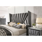 Queen/King Size Wingback Platform Bed | Vertical Channel Tufted Fabric Headboard | Nailhead Trim | Crystaline Acrylic Knobs | Solid & Engineered Wood | No Box Spring Needed | Gray