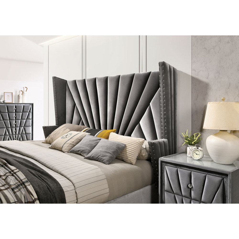 Queen/King Size Wingback Platform Bed | Vertical Channel Tufted Fabric Headboard | Nailhead Trim | Crystaline Acrylic Knobs | Solid & Engineered Wood | No Box Spring Needed | Gray