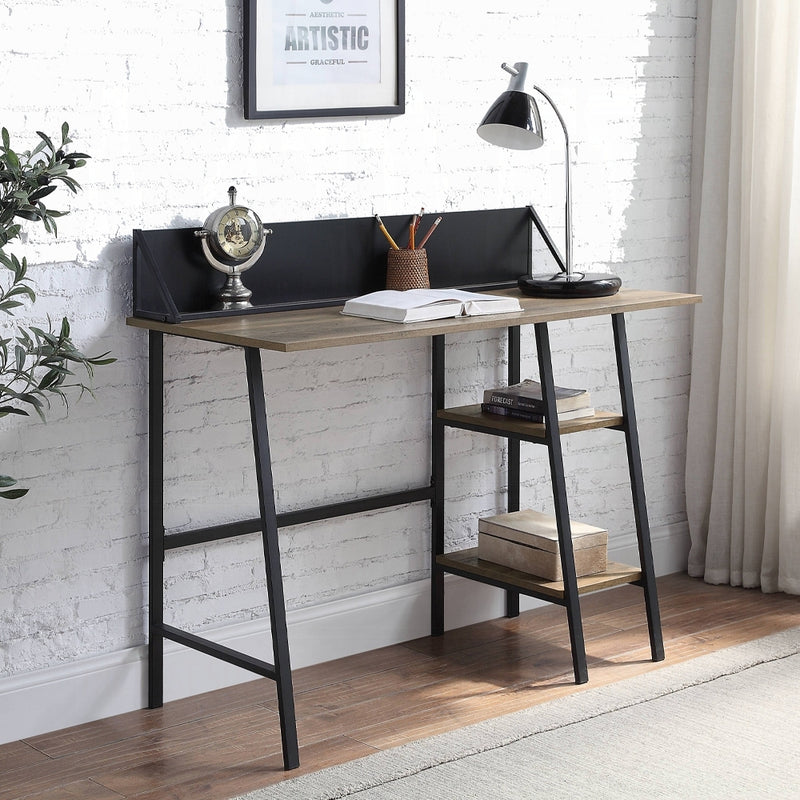 Rustic Oak and Black 2-Shelf Writing Desk with H-Shaped Base — 43" W x 20" D x 30" H | Industrial Modern Writing Desk | Two-Tier Storage Shelf | Smart Phone & Tablet Holder | Particle Board & MDF | Office | Oak