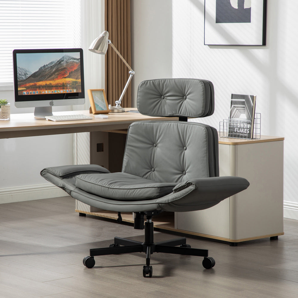 Criss Cross Wide-Seat Lounge Office Chair | 6-Gear Adjustable Armrests | Removable Headrest | Gentle Rocking + 360° Swivel | Pet-Friendly PU/Boucle Upholstery | Cross-Legged Sitting | Home Office, Gaming, Makeup, Conference | Gray/Ivory/Brown