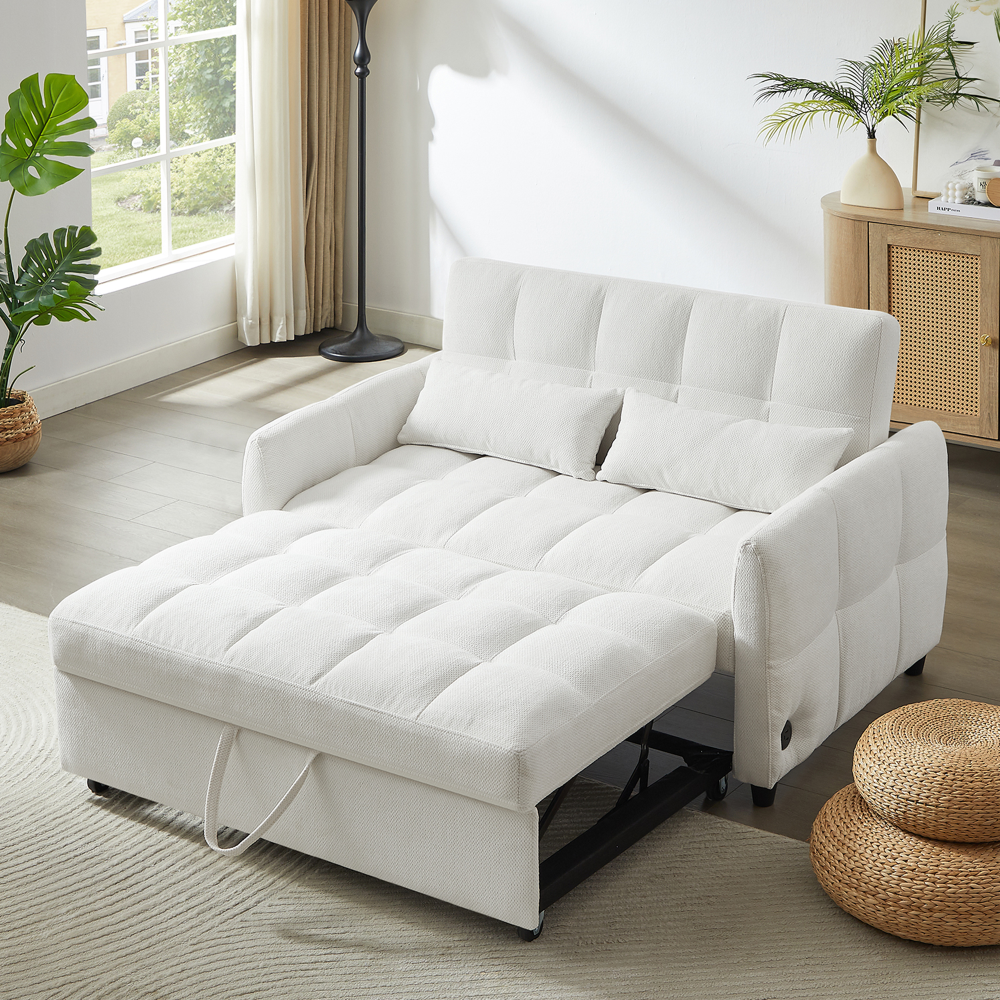52.8" Loveseat Pull-Out Sleeper Sofa Bed | 2-Seat Tufted Chenille Couch | Adjustable Backrest 90°/135°/180° | 3 Built-In USB Ports | High-Density Foam | 2 Lumbar Pillows | Sturdy Multi-Wood Frame | Beige/Gray/Blue/Green