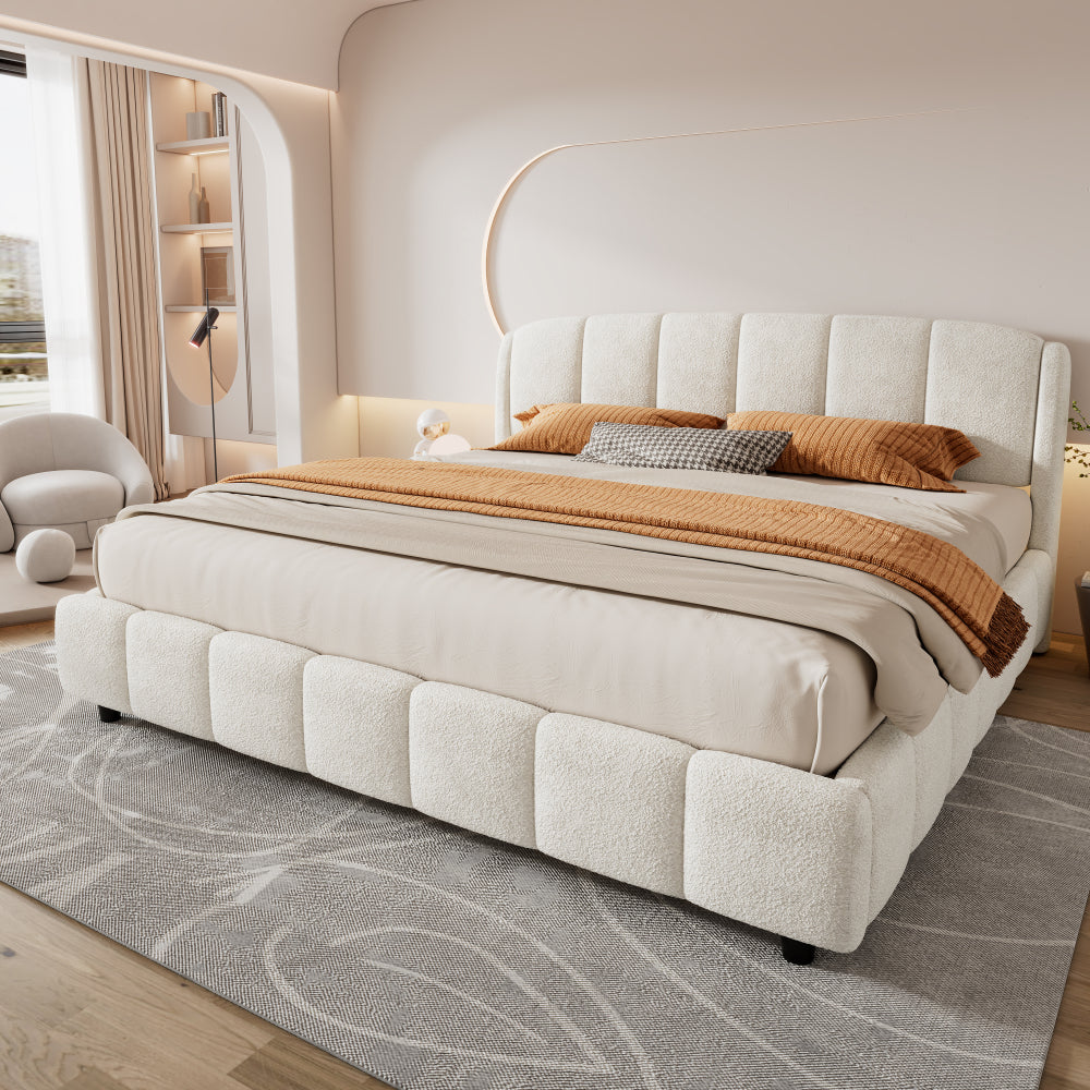 Queen/King Size Boucle Upholstered Platform Bed | Curved Rounded Headboard | Solid Plywood & Steel Frame | Plush Looped Yarn Fabric | No Box Spring Needed | 30-Min Easy Assembly | Beige