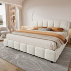 Queen/King Size Boucle Upholstered Platform Bed | Curved Rounded Headboard | Solid Plywood & Steel Frame | Plush Looped Yarn Fabric | No Box Spring Needed | 30-Min Easy Assembly | Beige