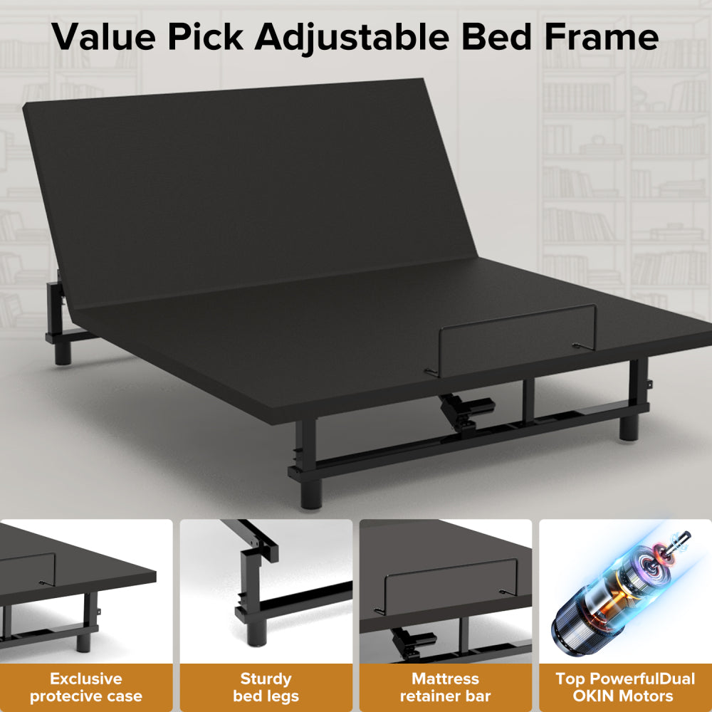 Queen Size Adjustable Bed Base | 0-61° Head & 0-37° Foot Incline | Wireless Remote | Zero Gravity & Anti-Snore | 4 USB Ports & Under-Bed Nightlights | Quiet Motor ≤90db | Black