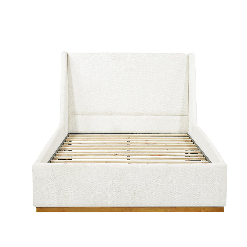Queen/King Size Luxury Wingback Platform Bed | Splash-Resistant Boucle Fabric | High-Elasticity Foam Padding | Solid Rubberwood Frame | 800 lbs | No Box Spring Needed | White