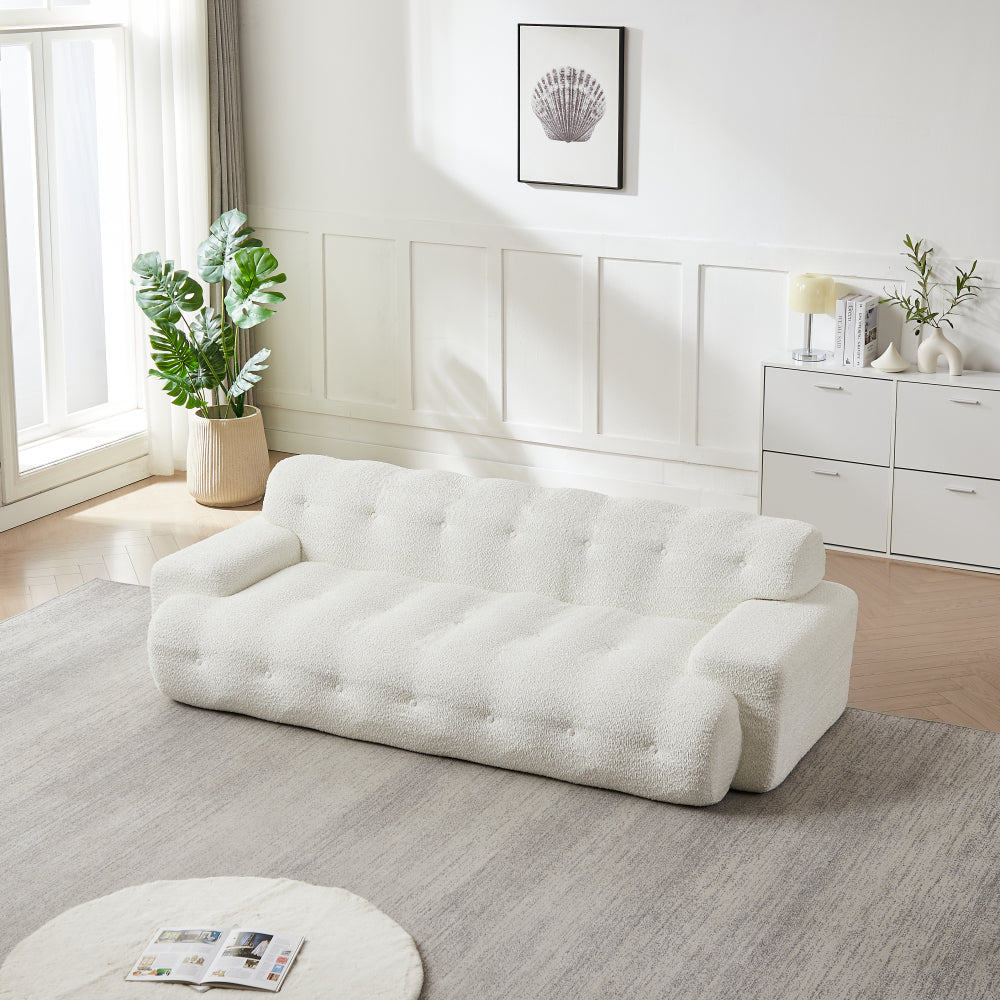 87.4" Cloud Series 3-Seat Minimalist Button-Tufted Sofa | Square Arm Chenille Upholstered Couch | High-Density Foam + Padded Backrest | No Assembly Required | Living Room, Apartment | White/Green/Black
