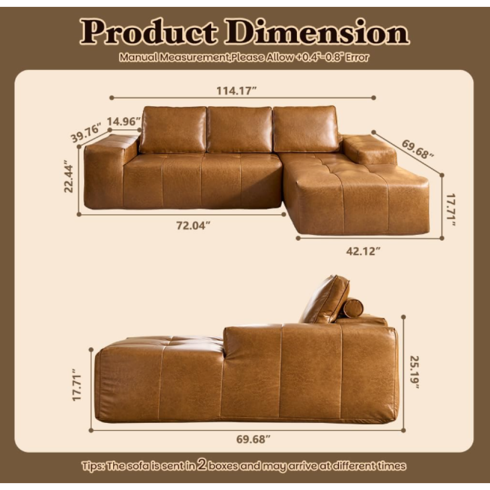Boneless Couches for Living Room, Brown Faux Leather Cloud Sectional Couches with Chaise, Deep Seat L Shaped Modular Sofa, No Assembly Required Sofas in a Box (Left,Faux Leather,Brown)