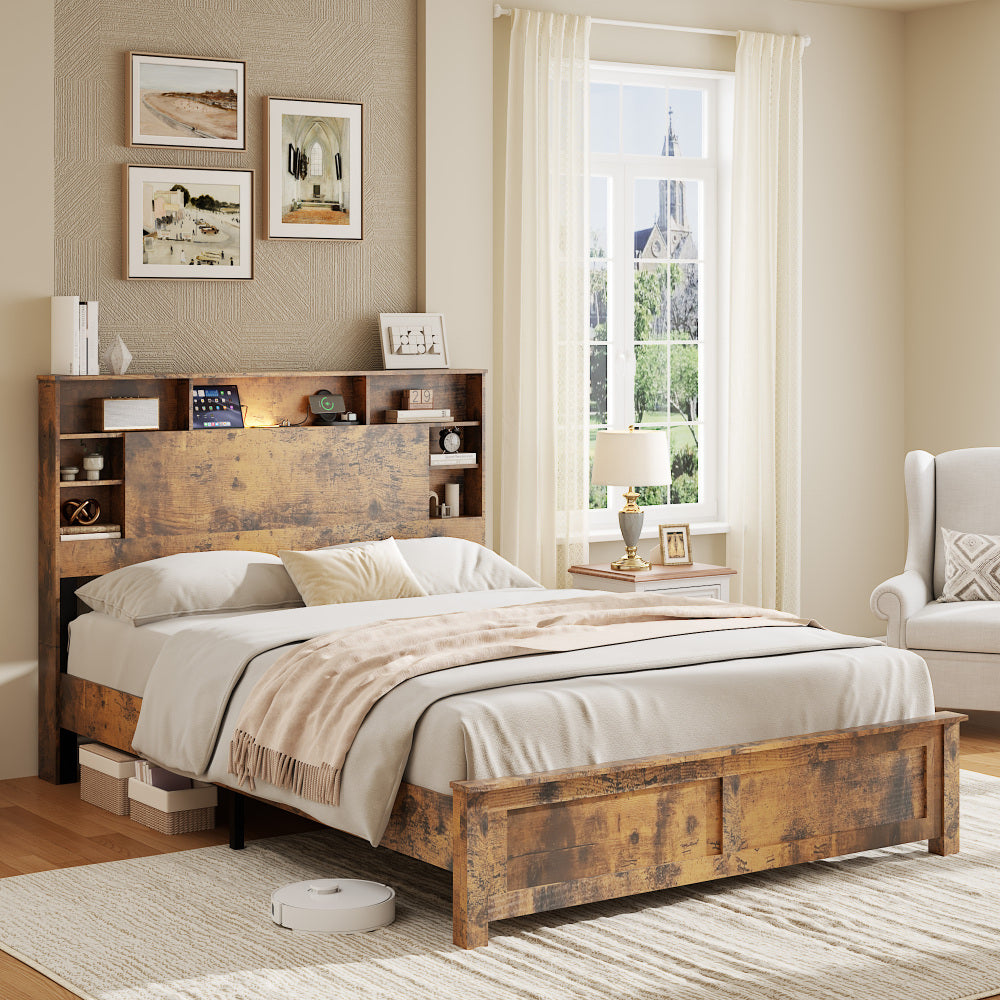 Full/Queen/King Size Wood Platform Bed | Bookcase Storage Headboard with LED Lights & Charging Station USB + Outlets | Black Metal Legs | No Box Spring Needed | Antique Dark Brown