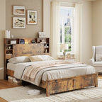Full/Queen/King Size Wood Platform Bed | Bookcase Storage Headboard with LED Lights & Charging Station USB + Outlets | Black Metal Legs | No Box Spring Needed | Antique Dark Brown