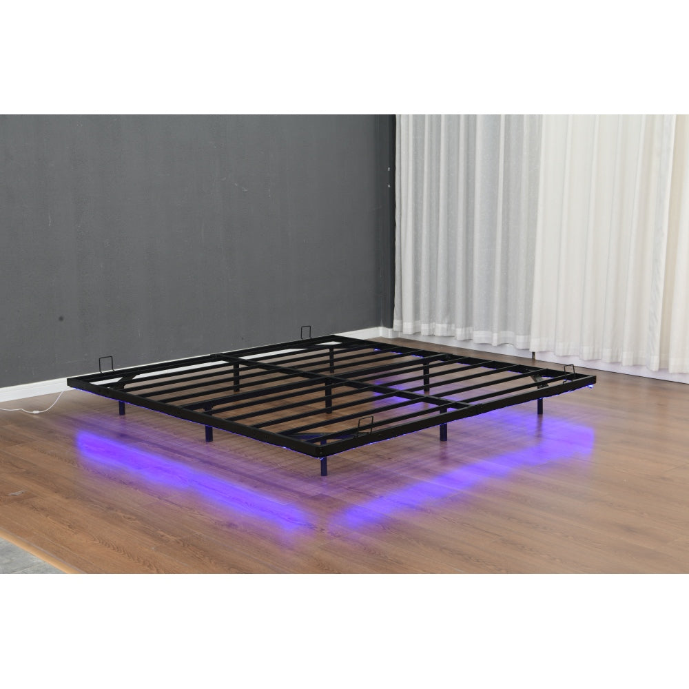 Queen/King Size Floating Metal Platform Bed | Hidden LED Underglow App & Remote Control | 10 Slats + 4 Cross Frames + 6 Steel Legs | 1000 lbs | No Box Spring Needed | Black