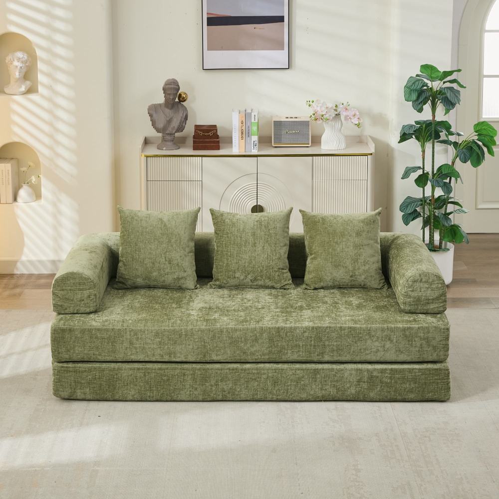 78.8" Convertible Folding Floor Sofa Bed | Chenille Couch with Foldable Armrests | Sponge + Spring Support | 3-Tiered Space-Saving Design | Free Pillows Included | Anti-Slip Base | No Assembly | Living Room, Bedroom, Studio | Green/Beige/Blue/Gray/Or