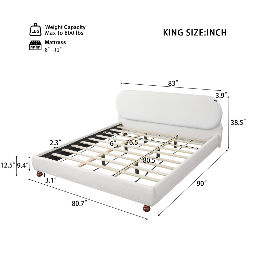 Queen/King Size Cream Boucle Upholstered Platform Bed | Smooth Curved Design | Gourd-Shaped Rubberwood Legs | 800 lbs Heavy Duty | No Box Spring Needed | 30-40 Min Assembly | White/Cream