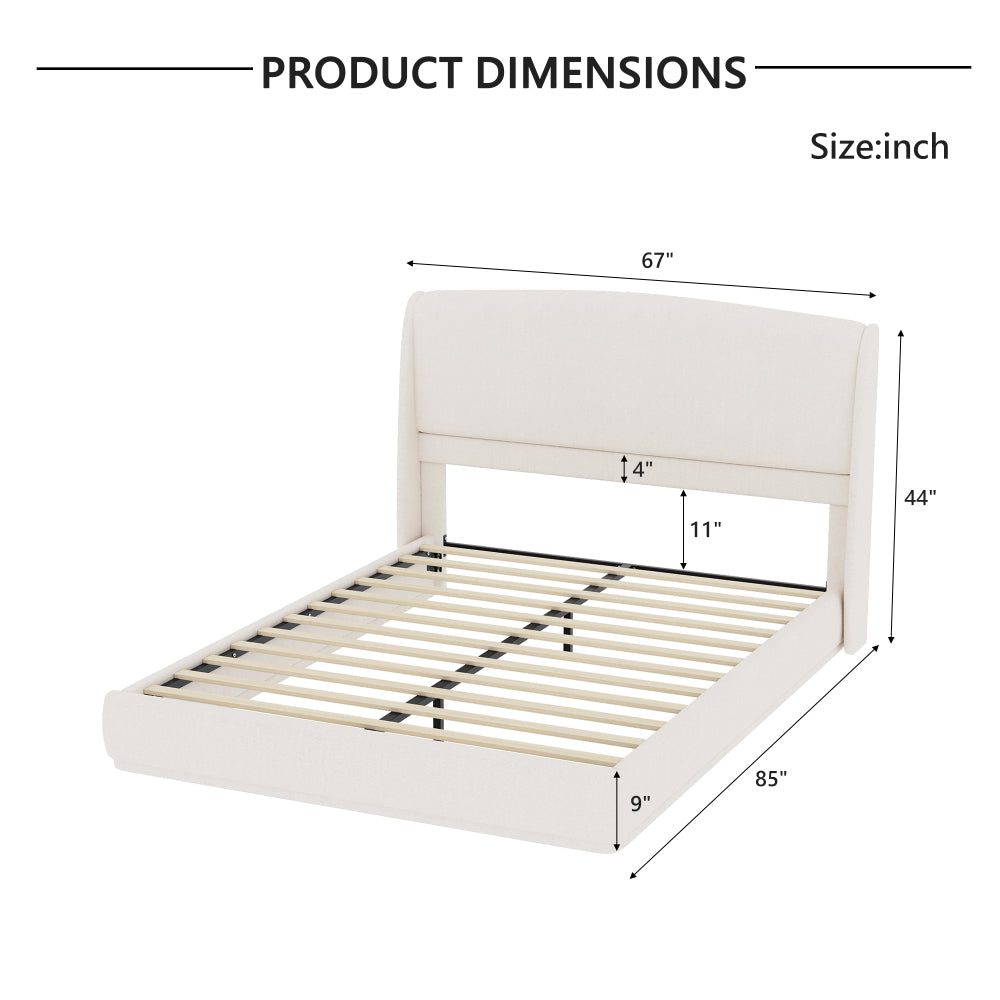 Queen Size Linen Upholstered Platform Bed | Curved Wingback Headboard | Fully Upholstered Frame | Solid Wood & Reinforced Slats | No Box Spring Needed | Easy Assembly | Beige / Brown