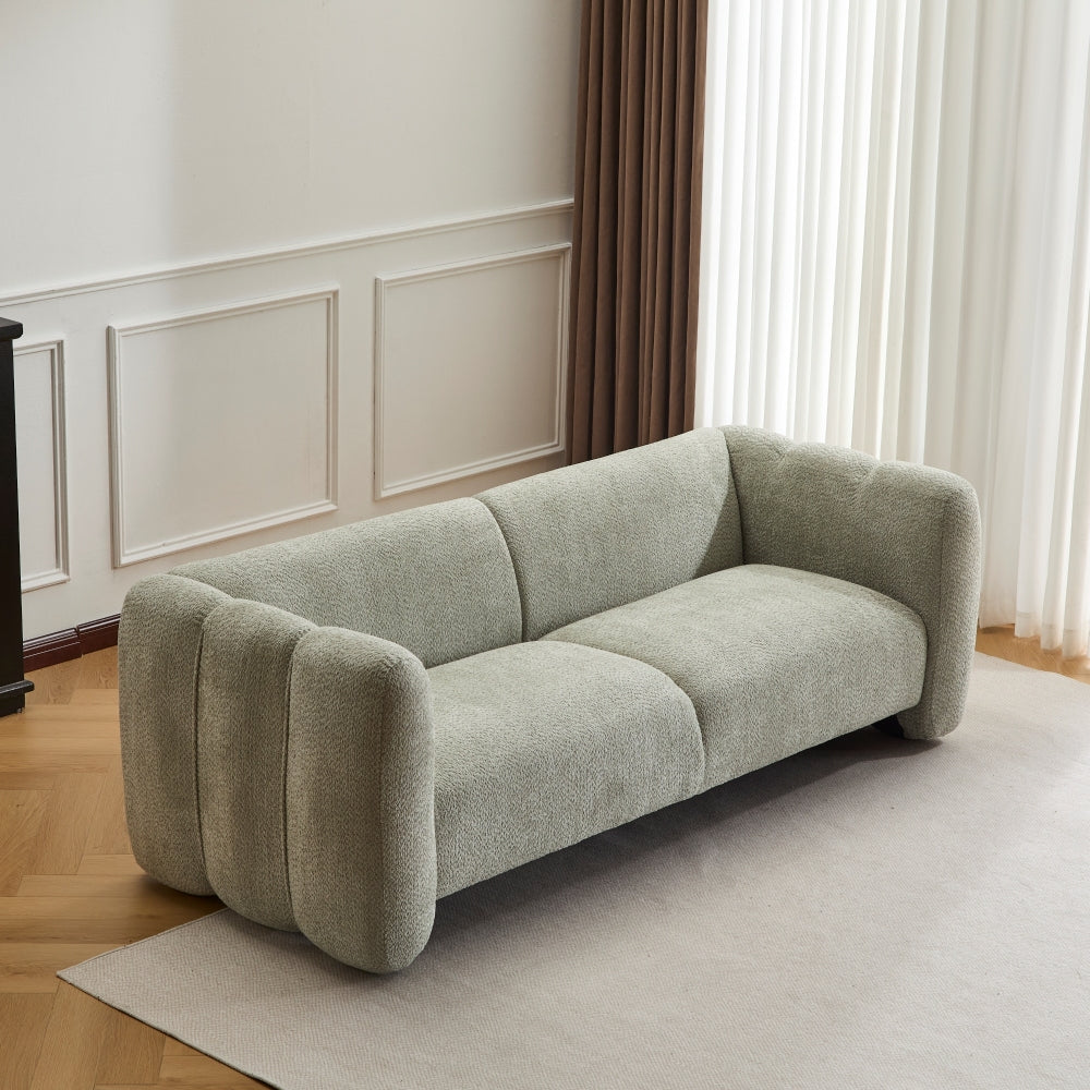 83" Modern Wave Design 3-Seat Boucle Sofa | Graceful Curved Silhouette | High-Resilience Foam + Thickened Cushions | Sturdy Wood Frame | 900 lbs Capacity | Living Room, Bedroom, Apartment | Light Green/Beige/Camel
