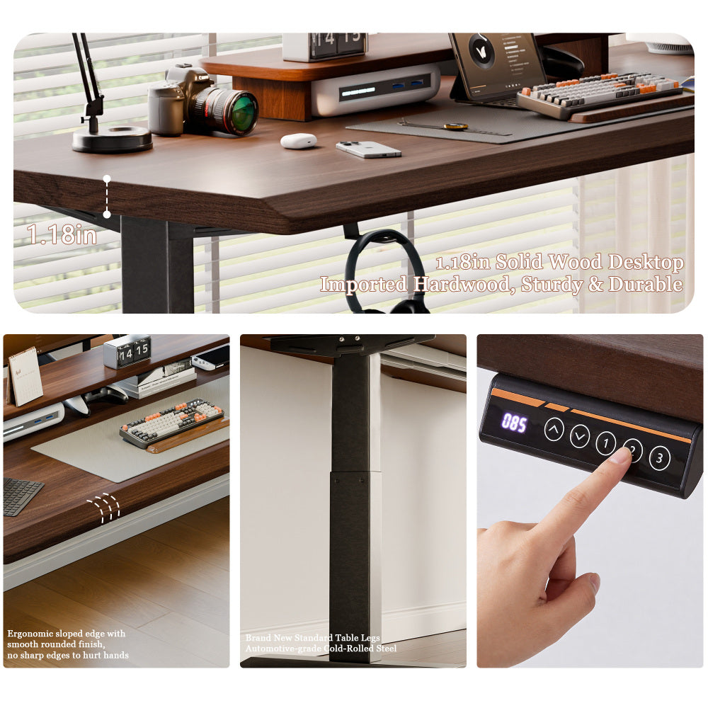 47" Solid Rubberwood Electric Standing Desk | Single Motor Height Adjustment | Sit-Stand Ergonomic Home Office Desk | Scratch-Resistant Natural Wood Top | Stable 2-Tier Steel Legs | Easy Assembly | Home Office, Living Room, Study | Walnut