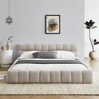 Queen Size Low Profile Platform Bed | Square Tufted Chenille Upholstered | Headboard & Footboard | 500 lbs | No Box Spring Needed | Beige/Dark Gray/Pink/Blue-Green