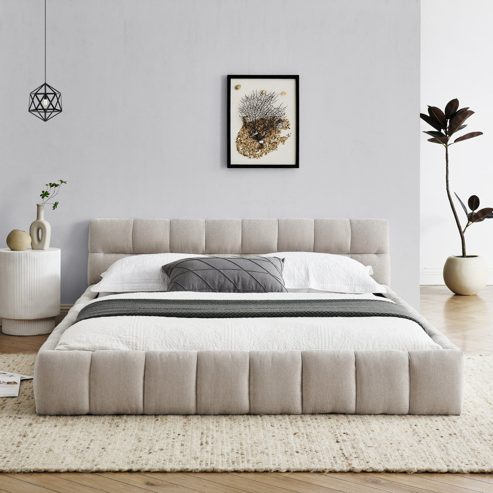 Queen Size Low Profile Platform Bed | Square Tufted Chenille Upholstered | Headboard & Footboard | 500 lbs | No Box Spring Needed | Beige/Dark Gray/Pink/Blue-Green