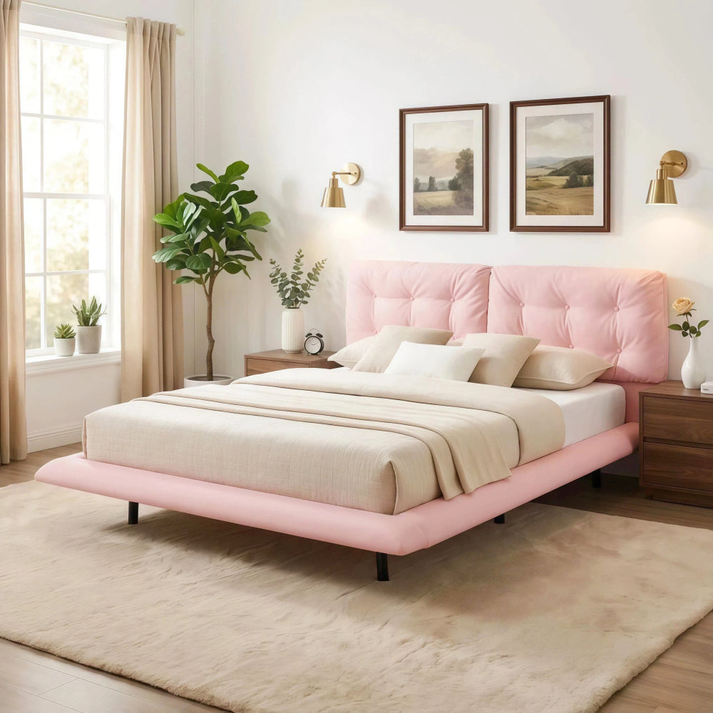 Queen Size PU Leather Floating Platform Bed | Button Tufted Segmented Headboard | Remote-Controlled LED Light Strip 6 Colors | 800 lbs | Hidden Leg Design | No Box Spring Needed | Pink / White / Khaki