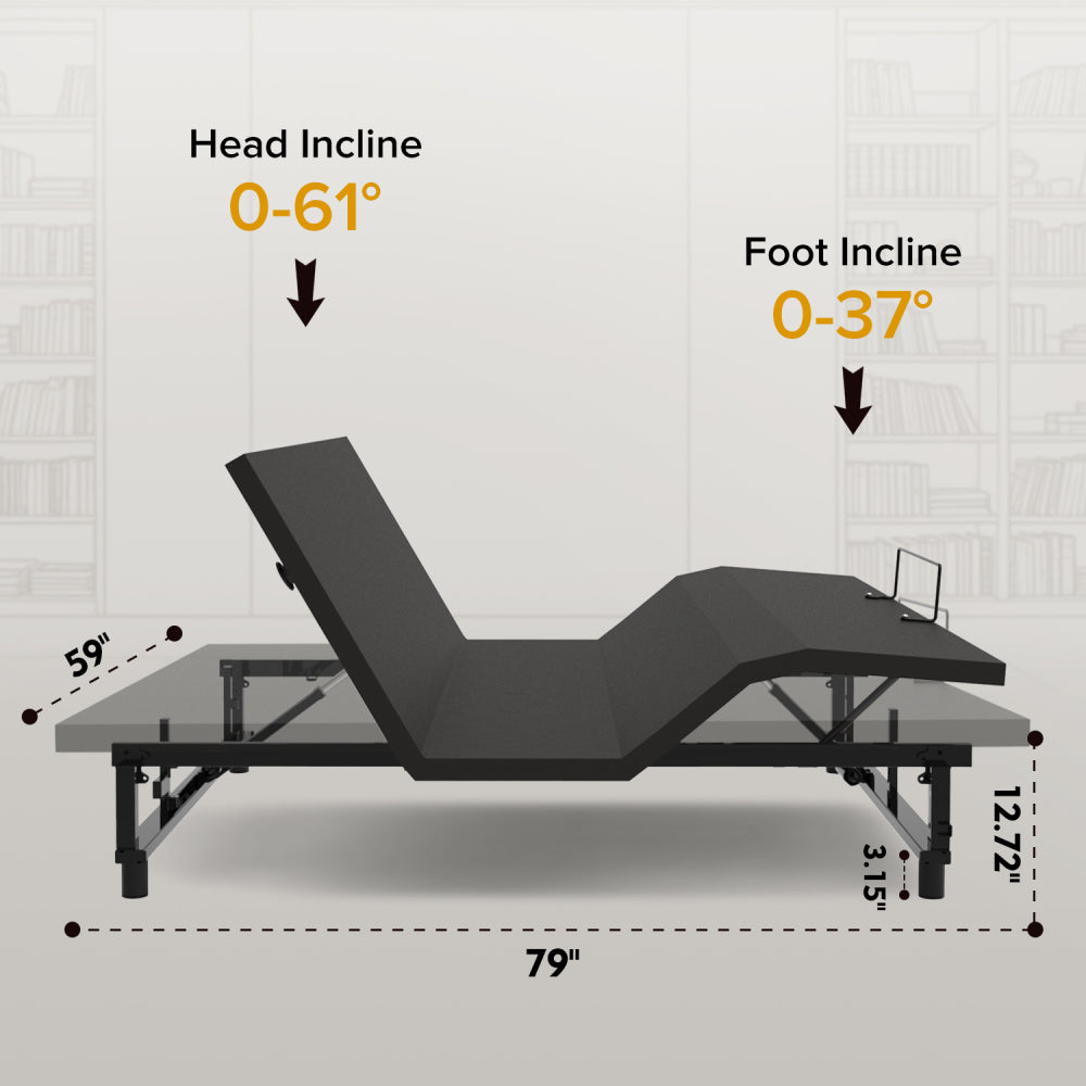 Queen Size Adjustable Bed Base | 0-61° Head & 0-37° Foot Incline | Wireless Remote | Zero Gravity & Anti-Snore | 4 USB Ports & Under-Bed Nightlights | Quiet Motor ≤90db | Black