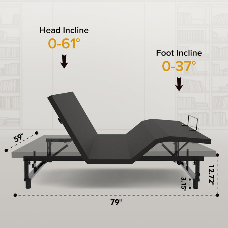 Queen Size Adjustable Bed Base | 0-61° Head & 0-37° Foot Incline | Wireless Remote | Zero Gravity & Anti-Snore | 4 USB Ports & Under-Bed Nightlights | Quiet Motor ≤90db | Black
