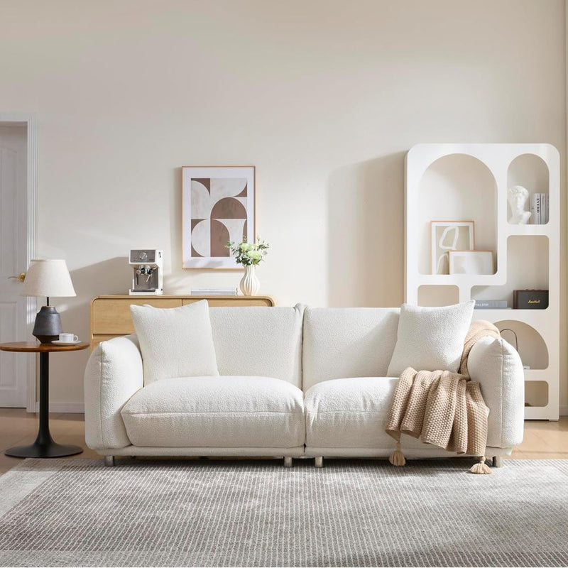 87.4" Sherpa Cloud 3-Seater Loveseat Sofa | Precision-Tailored Stitching | High-Density Foam Fill | Solid Hardwood Frame with Reinforced Joints | Stain-Resistant Velvet | 2 Pillows Included | White / Beige
