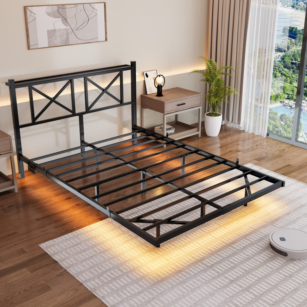 Full/Queen Size Floating Metal Platform Bed | Storage Headboard 2 AC + 2 USB Charging | RGB LED 2000+ Colors App & Music Sync | 4 Power Sockets | 450 lbs Heavy Duty Steel Slats | No Box Spring | Black