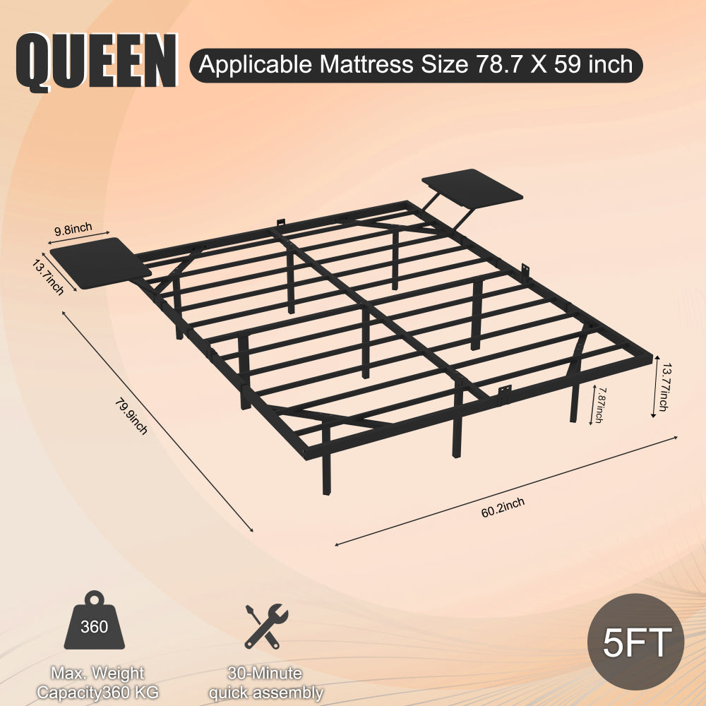Full/Queen Size Heavy Duty Metal Platform Bed | 2 Bedside Shelves | LED Light | Reinforced Steel Slats | 800 lbs | Under-Bed Storage | No Box Spring Needed | Black