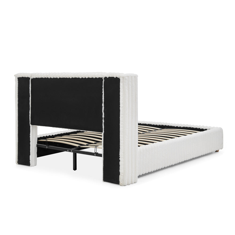 Queen/King Size Gas Lift Storage Bed | Vertical Striped Rabbit Fur Upholstered | Hydraulic Under-Bed Storage | 500 lbs | Eucalyptus Wood Frame | Silent Mechanism | Easy Assembly | Beige